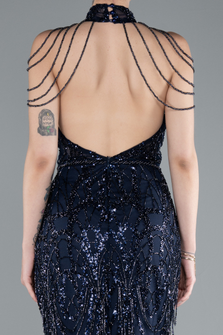 Long Navy Blue Beaded Evening Dress ABU4912