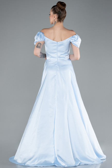 Light Blue Boat Neck Slit Long Satin Prom Gown ABU4508
