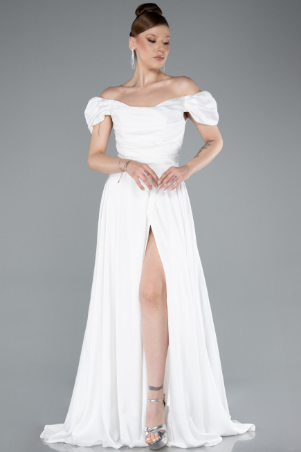 White Boat Neck Slit Long Satin Prom Gown ABU4508