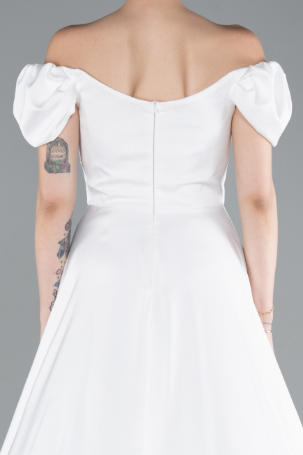 White Boat Neck Slit Long Satin Prom Gown ABU4508