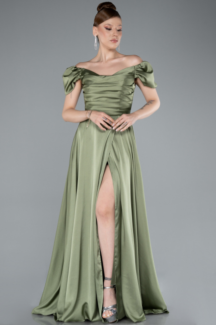 Olive Drab Boat Neck Slit Long Satin Prom Gown ABU4508