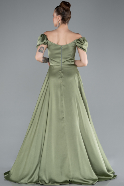 Olive Drab Boat Neck Slit Long Satin Prom Gown ABU4508