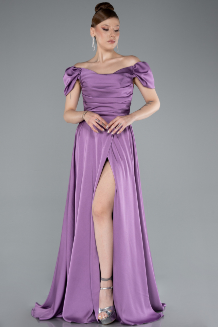 Lila Boat Neck Slit Long Satin Prom Gown ABU4508