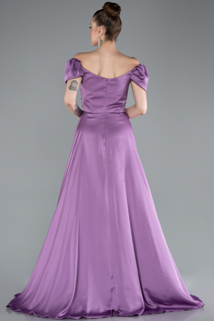 Lila Boat Neck Slit Long Satin Prom Gown ABU4508