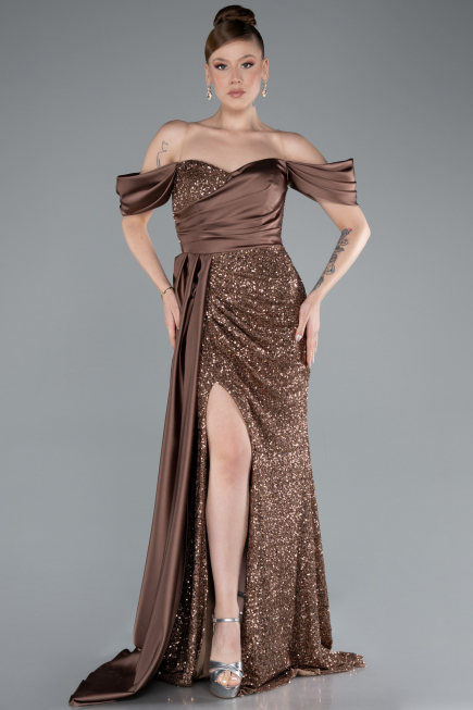 Copper Boat Neck Slit Long Sequined Evening Gown ABU4085