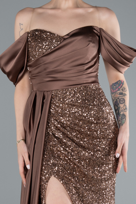 Copper Boat Neck Slit Long Sequined Evening Gown ABU4085