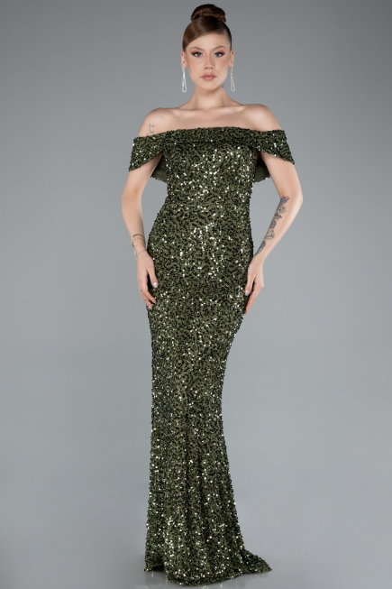 Olive Drab Off The Shoulder Long Sequin Mermaid Prom Dress ABU4778