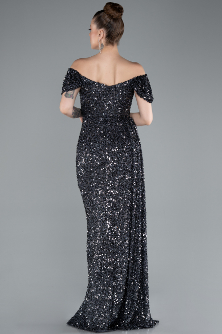 Anthracite Boat Neck Slit Long Sequin Evening Gown ABU4843