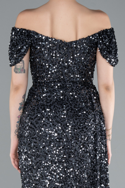 Anthracite Boat Neck Slit Long Sequin Evening Gown ABU4843