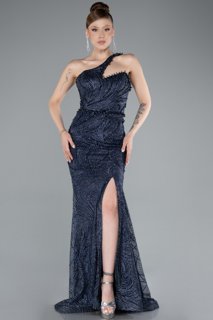 Navy Blue One Shoulder Slit Long Glitter Mermaid Evening Gown ABU4697