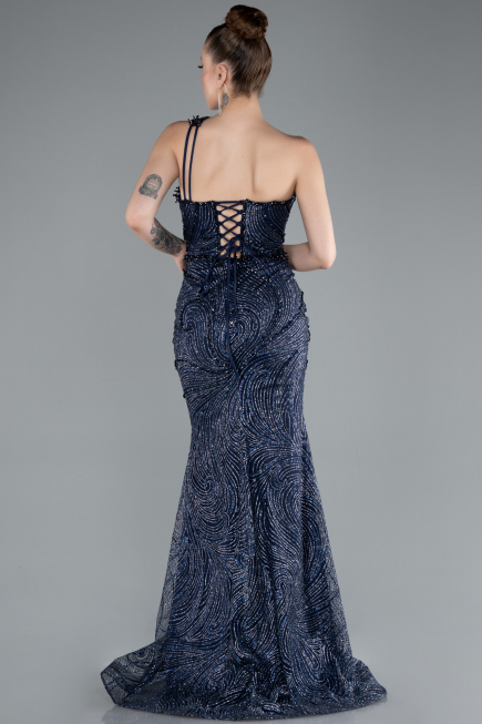 Navy Blue One Shoulder Slit Long Glitter Mermaid Evening Gown ABU4697