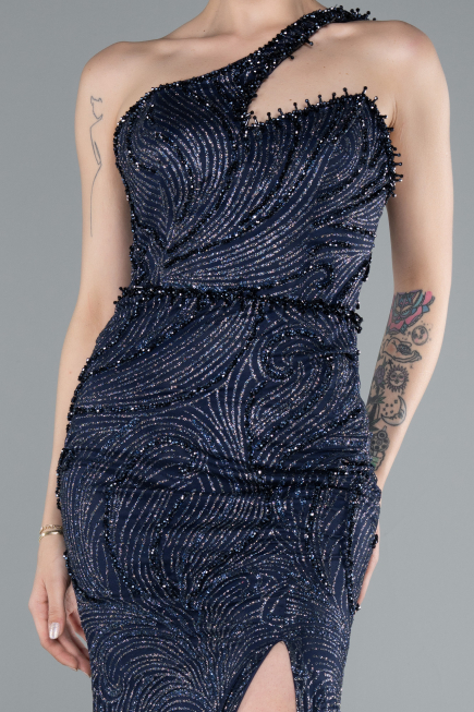 Navy Blue One Shoulder Slit Long Glitter Mermaid Evening Gown ABU4697