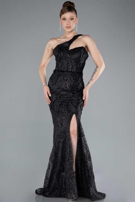 Black One Shoulder Slit Long Glitter Mermaid Evening Gown ABU4697