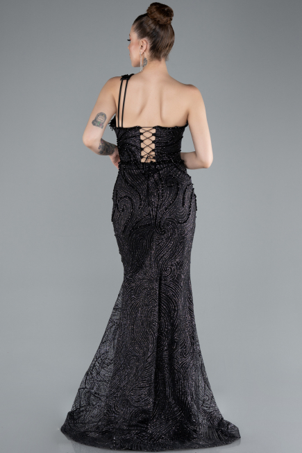 Black One Shoulder Slit Long Glitter Mermaid Evening Gown ABU4697