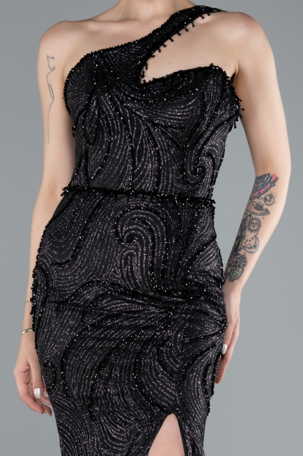 Black One Shoulder Slit Long Glitter Mermaid Evening Gown ABU4697