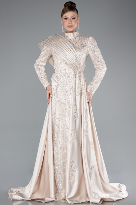 Long Beige Hijab Dress ABU4932