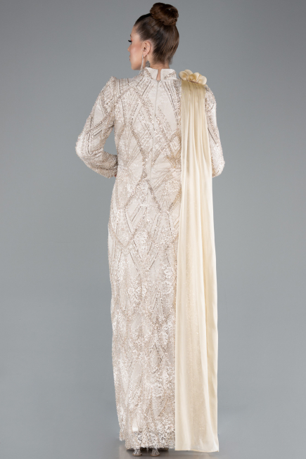 Long Beige Dantelle Hijab Dress ABU4933