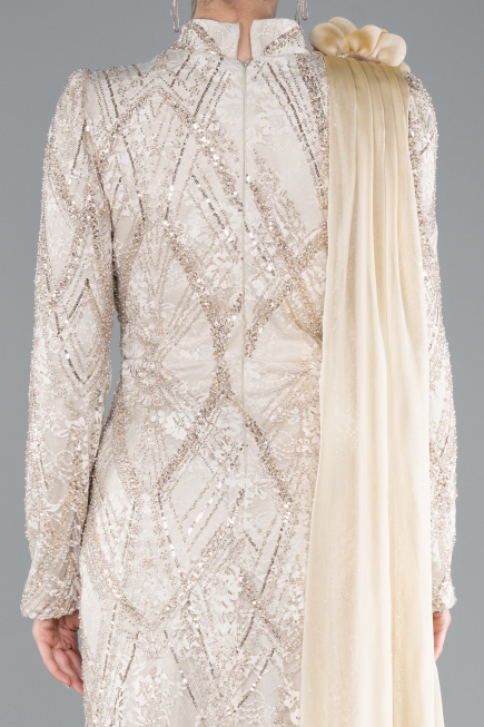 Long Beige Dantelle Hijab Dress ABU4933
