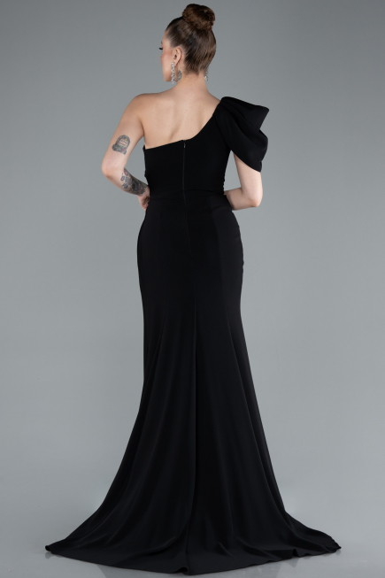 Black One Shoulder Slit Long Chiffon Prom Dress ABU4091