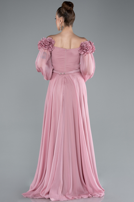 Powder Color Floral Boat Neck Long Sleeve Chiffon Prom Gown ABU4130