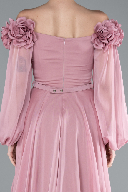 Powder Color Floral Boat Neck Long Sleeve Chiffon Prom Gown ABU4130