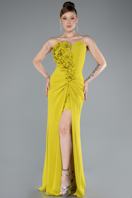 Pistachio Green Strapless Slit Long Prom Gown ABU4213