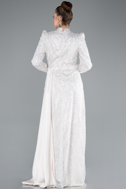 Long Beige Beaded Hijab Dress ABU4941