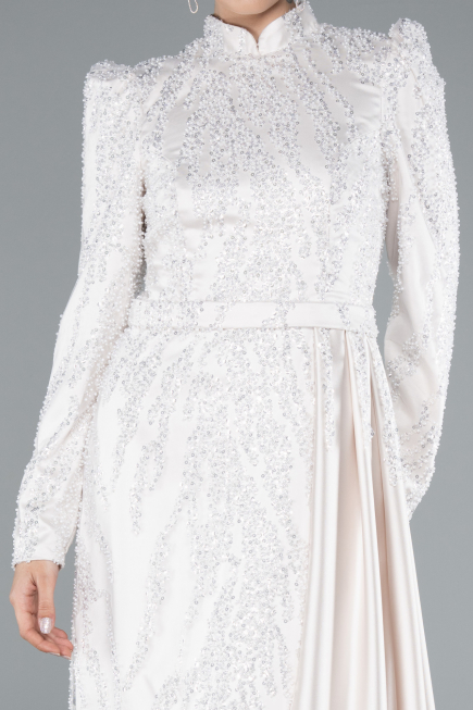 Long Beige Beaded Hijab Dress ABU4941