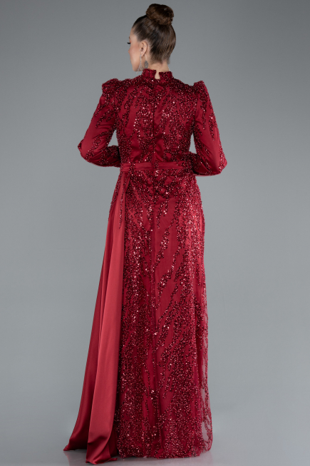 Long Burgundy Beaded Hijab Dress ABU4941