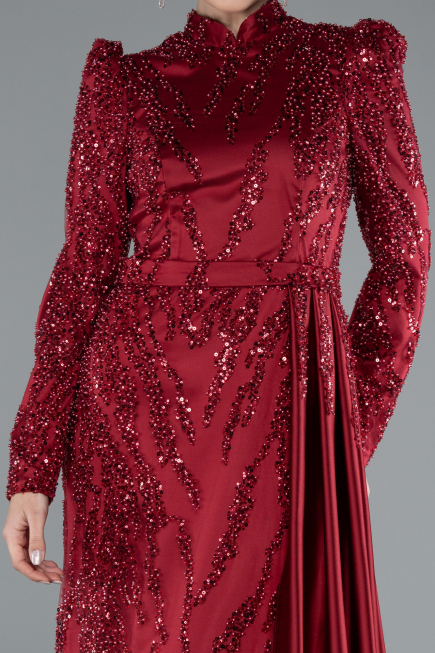 Long Burgundy Beaded Hijab Dress ABU4941