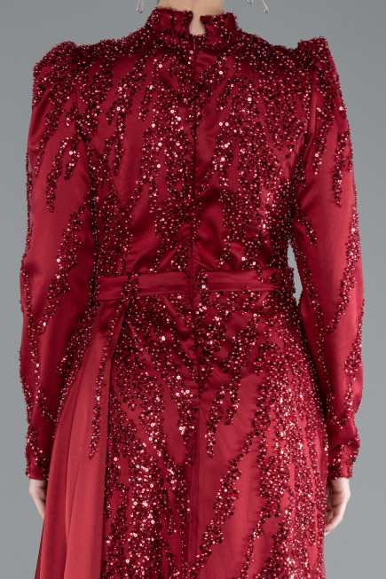 Long Burgundy Beaded Hijab Dress ABU4941