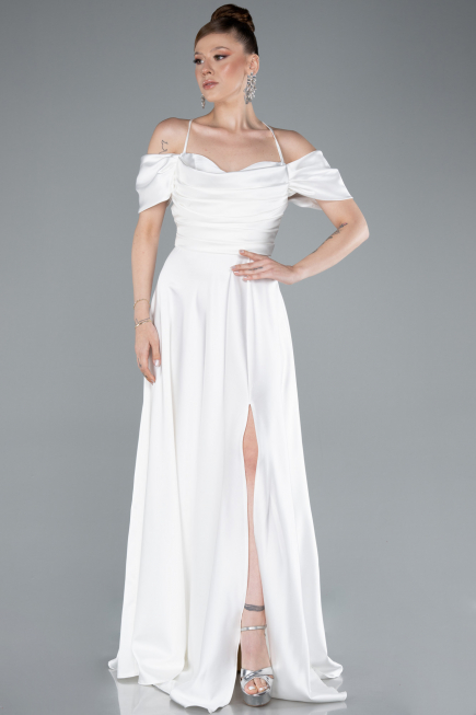 White Off The Shoulder Slit Long Satin Prom Dress ABU4703