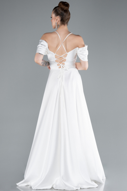 White Off The Shoulder Slit Long Satin Prom Dress ABU4703