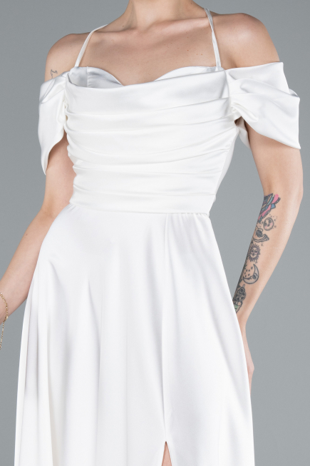 White Off The Shoulder Slit Long Satin Prom Dress ABU4703