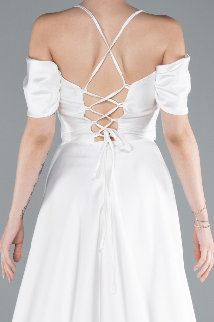White Off The Shoulder Slit Long Satin Prom Dress ABU4703