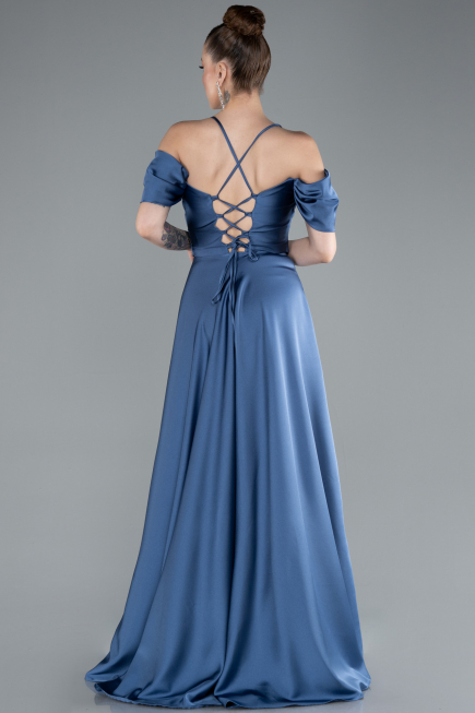 Grey-Indigo Off The Shoulder Slit Long Satin Prom Dress ABU4703