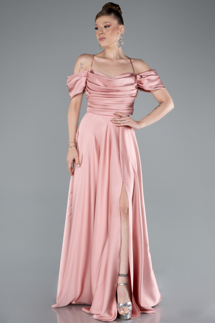 Onion Skin Off The Shoulder Slit Long Satin Prom Dress ABU4703