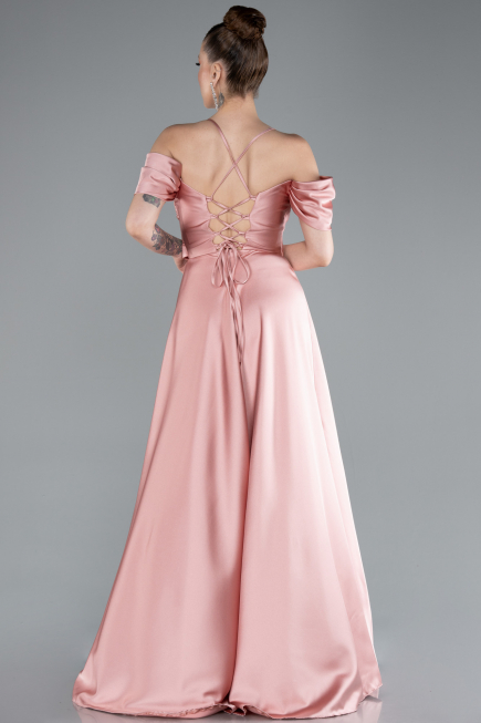Onion Skin Off The Shoulder Slit Long Satin Prom Dress ABU4703