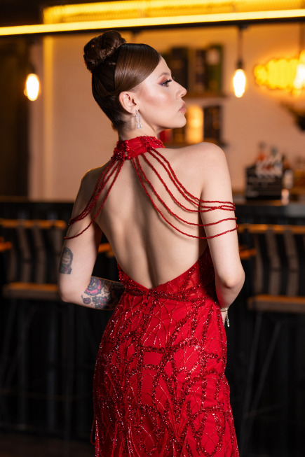 Long Red Beaded Evening Dress ABU4912