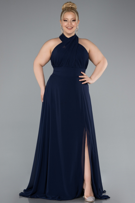 Long Navy Blue Chiffon Formal Plus Size Dress ABU4951