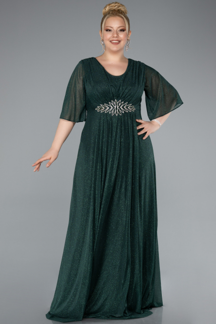 Emerald Green Short Sleeve V Neck Long Glittery Plus Size Evening Dress ABU4887
