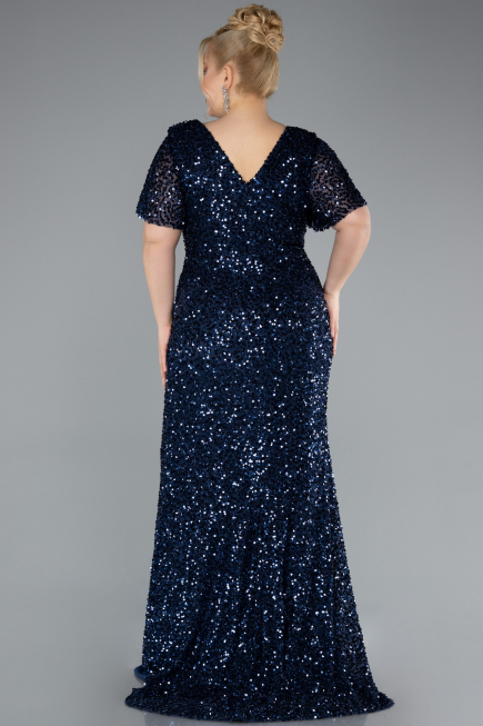 Long Navy Blue Scaly Plus Size Evening Dress ABU4926