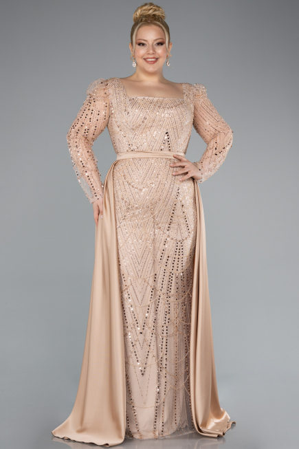 Long Gold Beaded Plus Size Engagement Dress ABU4761