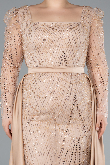 Long Gold Beaded Plus Size Engagement Dress ABU4761