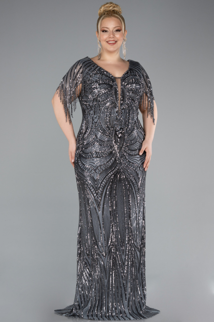 Long Anthracite Formal Plus Size Dress ABU4953
