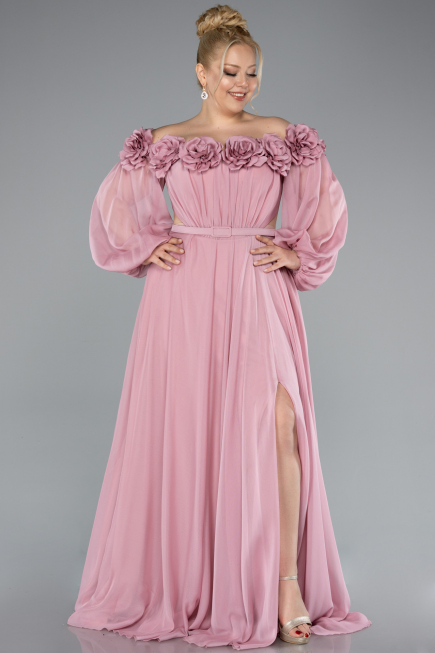 Powder Color Boat Neck Long Sleeve Plus Size Chiffon Prom Gown ABU4131