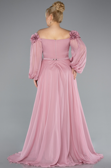 Powder Color Boat Neck Long Sleeve Plus Size Chiffon Prom Gown ABU4131