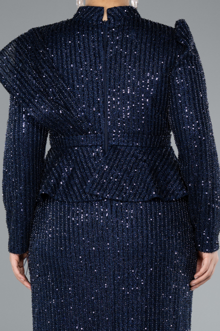 Navy Blue Long Sleeve Stand Collar Midi Beaded Plus Size Evening Gown ABK2294