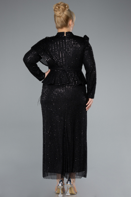 Black Long Sleeve Stand Collar Midi Beaded Plus Size Evening Gown ABK2294