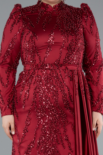 Long Burgundy Beaded Large Size Dress ABU4942